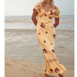 NWT FREE PEOPLE Yellow Floral embroidered Ruffle Maxi Dress size XL